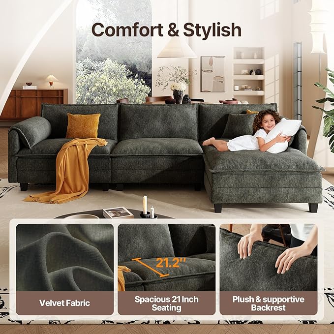 107 L Shaped Modular Sectional Cloud Couch with Pillow Deep Seat Sofa Couches for Living Room 4-Seat Modern Sofa with Movable Ottoman Comfortable Living Room Couch (Grey 107 Inch-L)