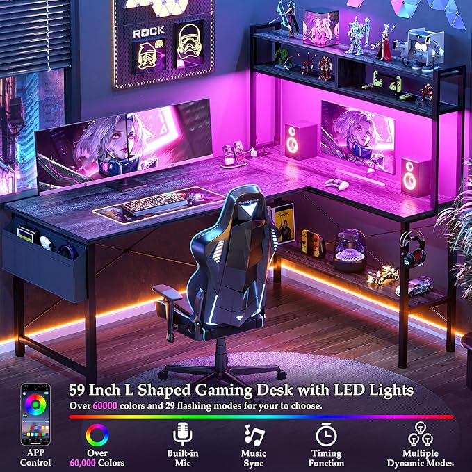 Aheaplus L Shaped Desk Gaming Desk 59 L Shaped Computer Desk with LED Light &amp Power Outlet Reversible Home Office Desk Gamer Desks with Shelves &amp Storage Bag &amp Hooks Corner PC Desk Bl