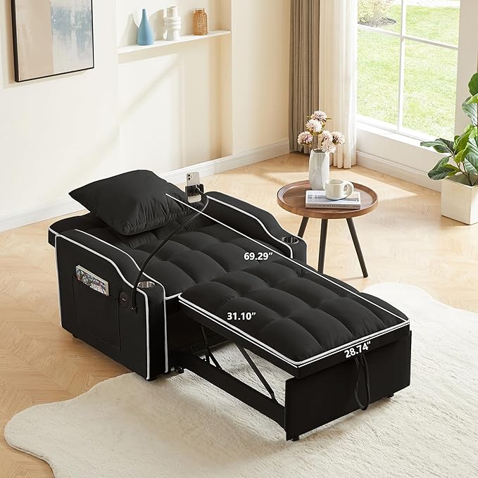 3 in 1 Convertible Sleeper Sofa Bed with Phone Holder 35'' Pull Out Sofa Bed Recliner with Adjustable Backrest Velvet Fabric Sleeper Couch Single Modern Chair for Small Space &amp RV Black