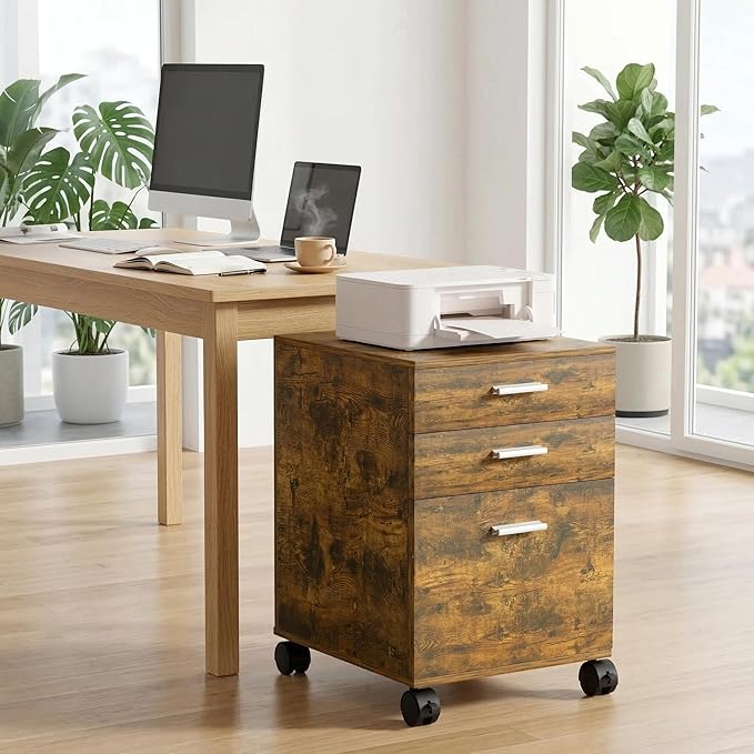 3 Drawer File Cabinet with WheelsPre-Assembled Brown Wood OrganizerFits A4/Letter Size for Home OfficeMobile Printer Stand Storage19 L x 16 W x 22 H