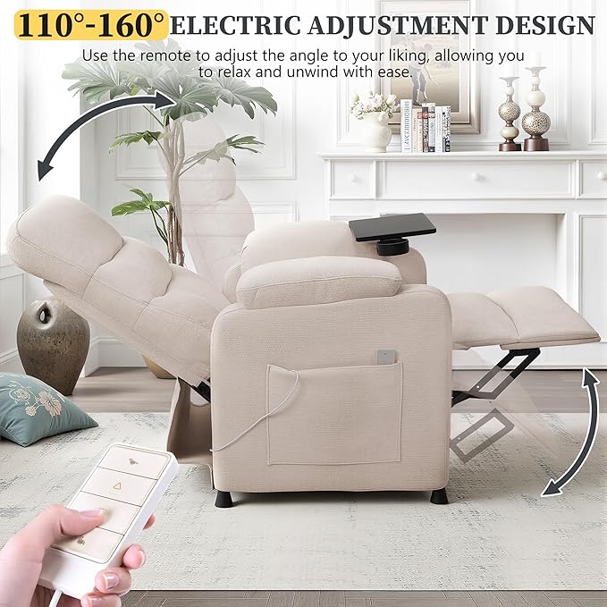 Holaki Power Recliner Chair Chenille Living Room Chairs Reading Lounge Chair Home Theater Seating with Swivel Tray Table and Footrest for Small Spaces Nursery(White)