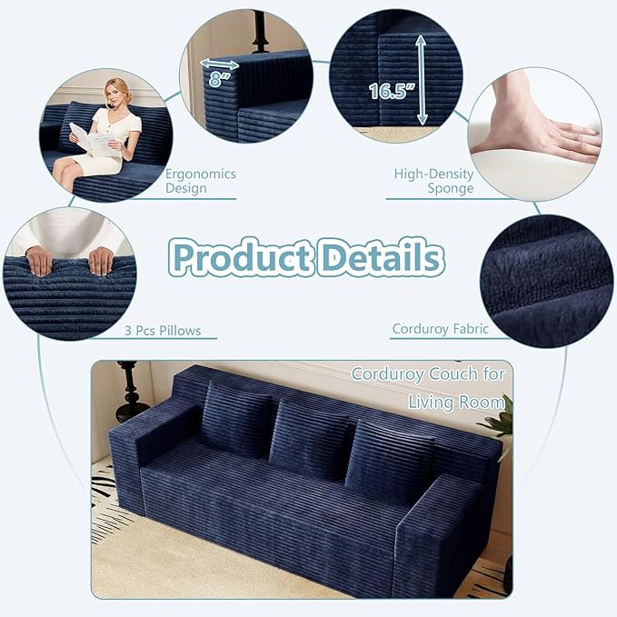 71Cloud Loveseat SofaModern 2-Seater Boneless Couch with 3 Pillows &amp Side PocketSoft Corduroy Love seatCompressed FoamDeep SeatNo Assembly for Living RoomBedroomApartment(Flat Handrail Bl