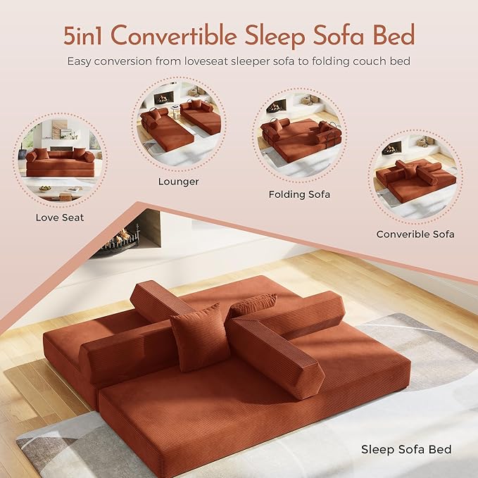 79'' Convertible Sofa Bed 5-in-1 Folding Sleeper Couch with Pull Out Bed Corduroy Modular Floor Sofa No Assembly Space Saving Guest Bed for Living Room Apartment Bedroom (Orange1) | Convertible Sof