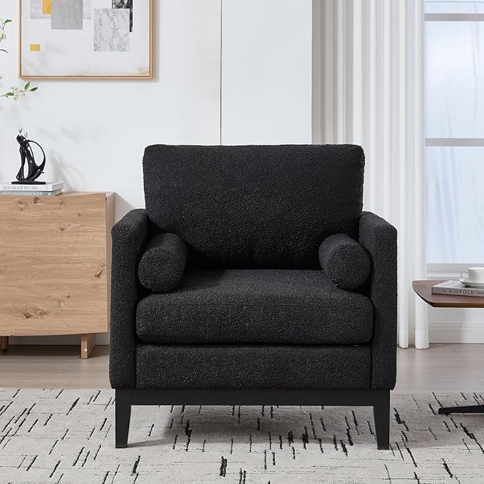 35.4 Modern Boucle Accent Chair with Deep Seat Oversized Wooden Upholstered Armchair Single Sofa Lounge Reading Chairs Large Accent Chair for Living Room/Bedroom/Office (Black &amp Style 2)