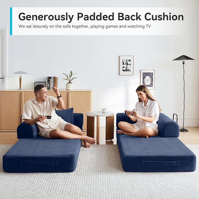 Convertible Sofa Bed with Corduroy PillowComfy Floor Sofa Bed Compressed Sofa in Box Convertible Sofa Bed for Living Room Bedroom Lounge Studio Comfy High Density Foam Mattress(Navy Blue)