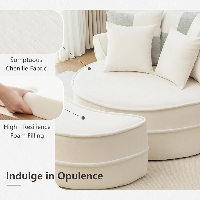 DEINPPA Oversized Round Accent Barrel Chair with Movable Ottoman Cloud Circle Chair with 5 Comfy Pillows for Living Room Reading Room Bedroom Boneless Couch No Assembly Required-Beige