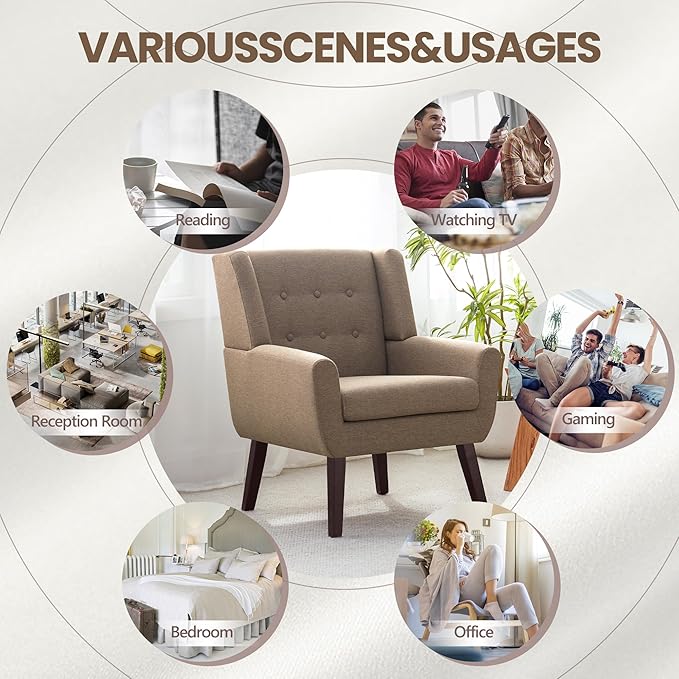 HUIMO Accent Chair Upholstered Button Tufted Armchair Linen Fabric Sofa Chairs for Bedroom Living Room Mid-Century Modern Comfy Reading Chair (4 Brown)