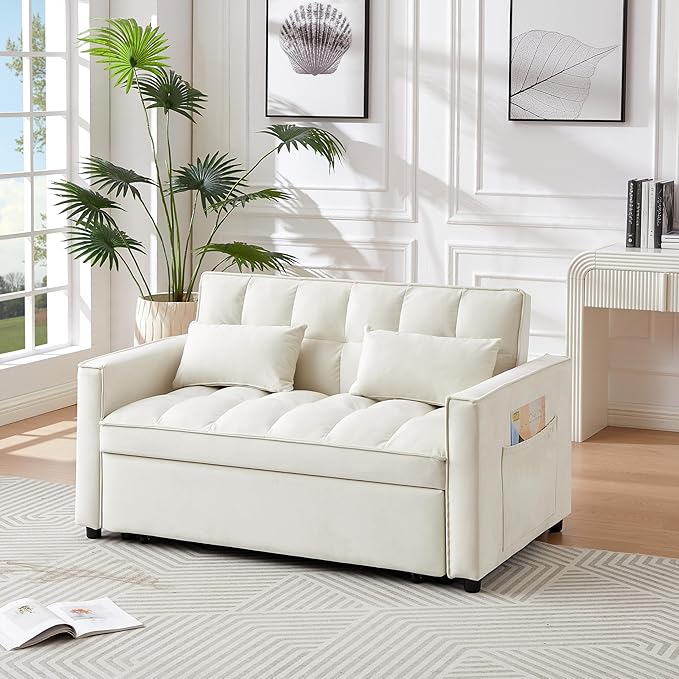 3 in 1 Convertible Sleeper Sofa Bed 54'' Full Size Velvet Pull Out Futon Couch Recliner with Reclining Backrest &amp 2 Pillows Small Loveseat Lounge Couches for Small Spaces (Silver Grey)