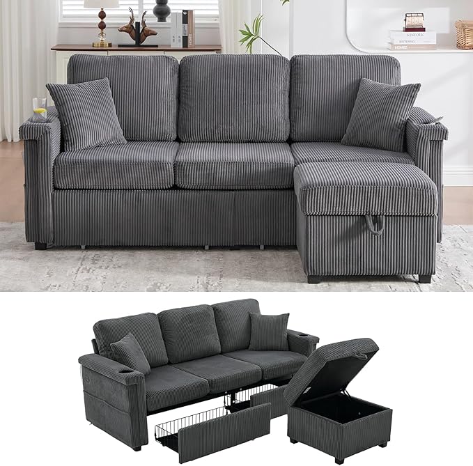 76'' Sectional Sofa Couches for Living Room 3 Seat L-Shaped Couch with Storage &amp Ottoman Corduroy Convertible Sofas with Chaise Apartment with USB Charging Cup Holder (Dark Grey)