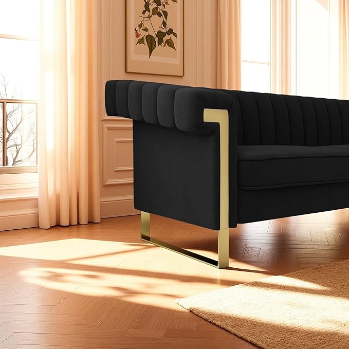 KEIKI 84 Velvet Sleek Channel-Tufted Sofa with Armrest and Back Cushions Minimalist Style Gold Accents 3-Seater Upholstery Couch with Solid Legs Easy Assembly for Living Room Apartment Black