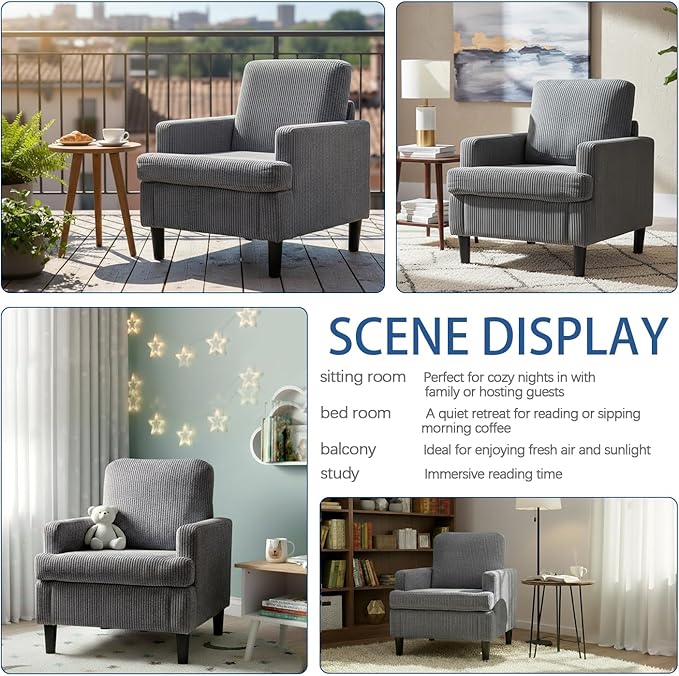 Modern Accent Chair Cozy Living Room Chairs Mid Century Modern Accent Chairs Reading Chair with Armrests for Living Room Bedroom and Study（Grey）