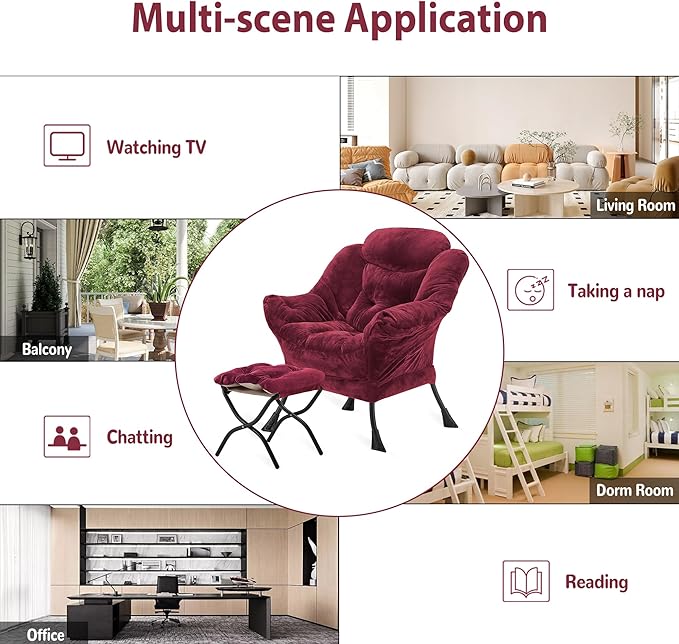 Lazy Chair with Folding Ottoman Accent Chair Plush Upholstered with Metal Structure and Non-Slip Pads Sofa Armchair with Footrest and Side Storage Bag for Dorm Room Office Rose Red