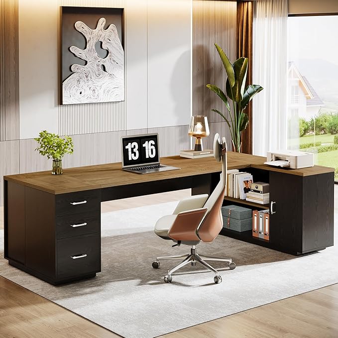 Tribesigns 85.8-Inch L-Shaped Executive Office Desk with File Drawers &amp Storage Cabinet Professional Corner Computer Desk Extra Large Business Workstation with Adjustable Shelves (Light Brown&amp