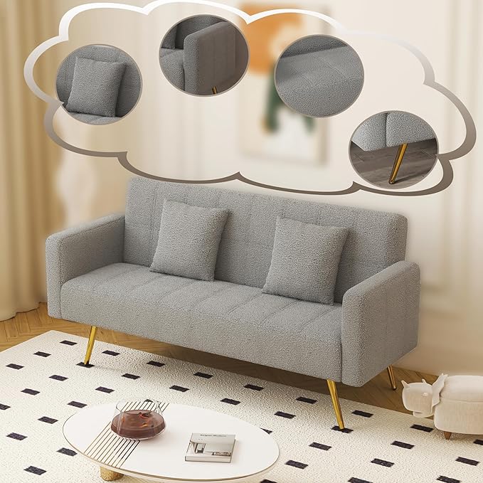 73 Convertible Futon Sofa BedComfy Teddy Fabric Sleeper Couch with 3 Reclining BackrestsGolden Chrome LegsModern Cloud Sofa Loveseat for Small Living Room Office (Grey)