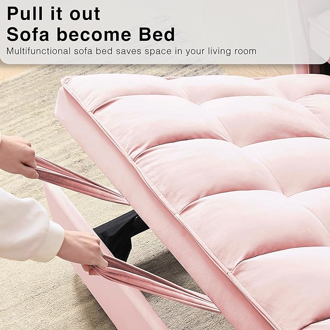 Wakefit 3 in 1 Convertible Sleeper Sofa Bed Futon Couches for Living Room with Side Pocket | Adjustable Backrest| Velvet Fabric | Pull Out Couch | Recliner Loveseat | Sectional Sofa Pink