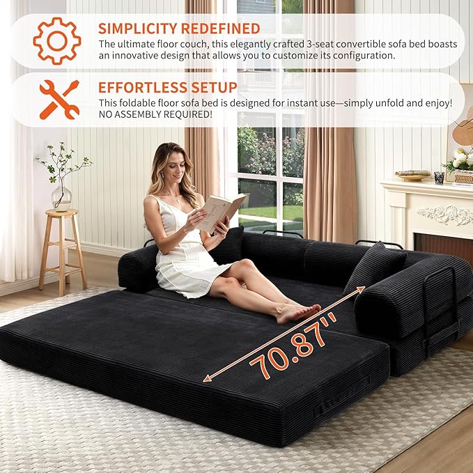 Convertible Sleeper Sofa Bed 1600lbs Weight Capacity Floor Sofa Bed with Fixed-Shape Frame Corduroy Foldable Couch for Small Space Lounge Mattress for Living Room Apartment Game Room (Black)