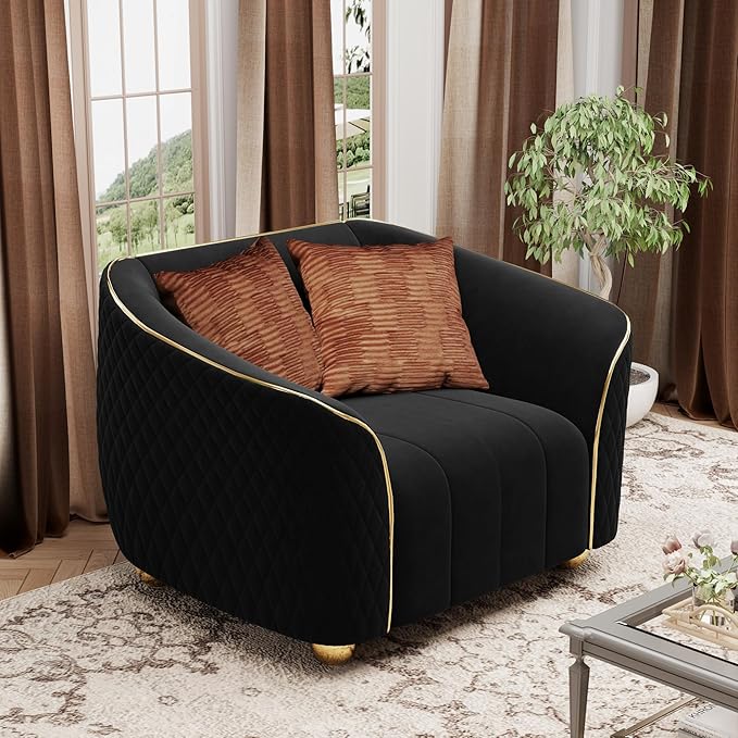 1-Piece Luxury Velvet Sofa Set for Living Room Elegant Design with Diamond-Stitched Armrests &amp Gold Trim Modern Black Couch Set with Golden Metal Legs (Black 1 Seater)
