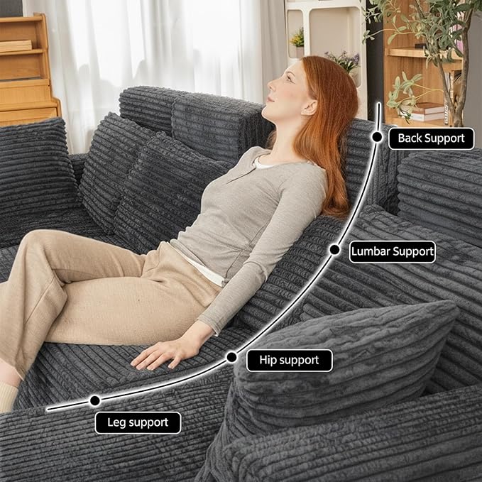 134 Boneless Couch for Living Room Oversized U Shaped Modular Cloud Sofa with Deep Seat Ergonomic Memory Foam Sleeper Chair Comfy Fluffy Corduroy Sectional Couches No Assembly Grey