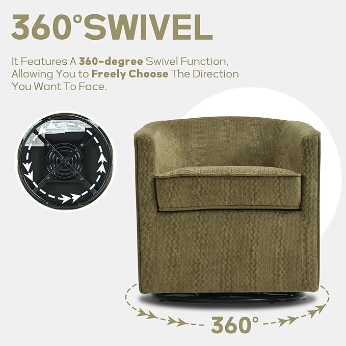CANMOV Swivel Accent Chair for Multi-Scene Use 360 Degree Club Chair with Ottoman Set Comfy Fabric Barrel Reading Chairs with Simple Line Design for Living Room Bedroom Round Reading Chair Green