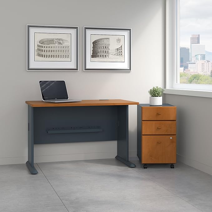 Bush Business Furniture Series A 48W Small Desk with Mobile File Cabinet in Natural Cherry and Slate Compact Computer Table with Drawers for Home or Professional Office