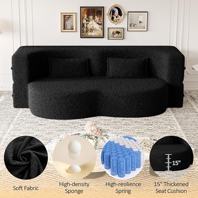 Folding Sofa Bed15 Full Size Boneless Couch for Living Room Teddy Fabric Foam-Filled Convertible Loveseat Sleeper Sofa Bed (Black-Teddy)