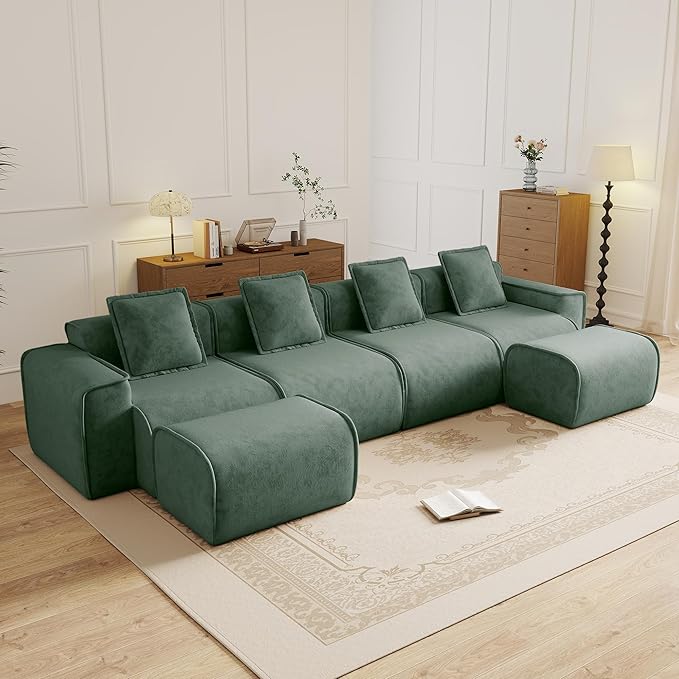 KEIKI 4Seat Modular Boneless Velvet Sofa Couch for Garden Home Apartment Living Style Conscious Nature Lovers Soft Plush Comfortable Cozy Relaxing Lounge Modern Contemporary Design Green