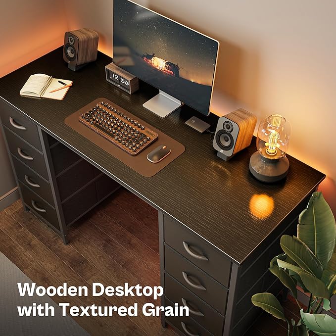 Huuger 47 Inch Computer Desk with 8 Fabric Drawers Office Desk Work Desk for Home Office Study Gaming Desk with Drawers Large Storage Black