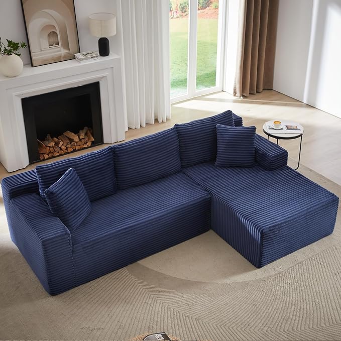 103 L-Shape Cloud Couch with Chaise Upholstered Corduroy Modular Sectional Sofa Deep Seat Couch with Free Combination for Living Room &amp ApartmentNo Assembly Required(BlueRight Facing Chaise)