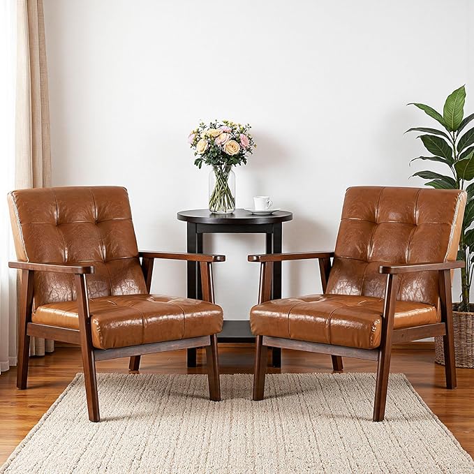 Mid-Century PU Leather Accent Chair Set of 2 Living Room Comfy Bedroom Chairs for Small Spaces Modern Brown Reading Nook Armchair with Solid Wood Legs