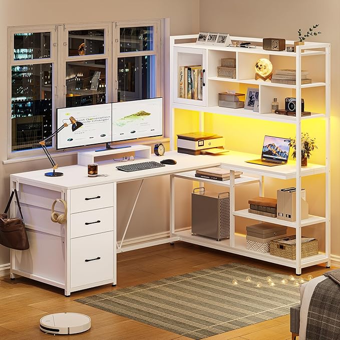SEDETA L Shaped Computer Desk 58'' Office Desk with 3 Drawers and Bookshelf L Shaped Corner Desk with Storage Shelves and LED Light for Home Office Gaming Desk L Desk White