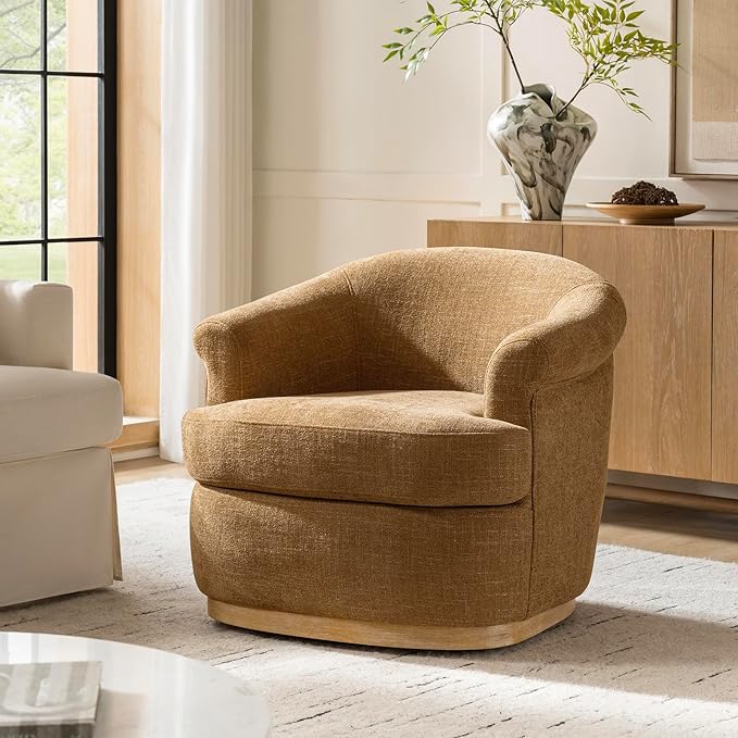 HULALA HOME Swivel Barrel Chair with Rolled Arms Upholstered Fabric Swivel Round Armchair with Removable Cushion Solid Wood Base for Living Room Bedroom Camel