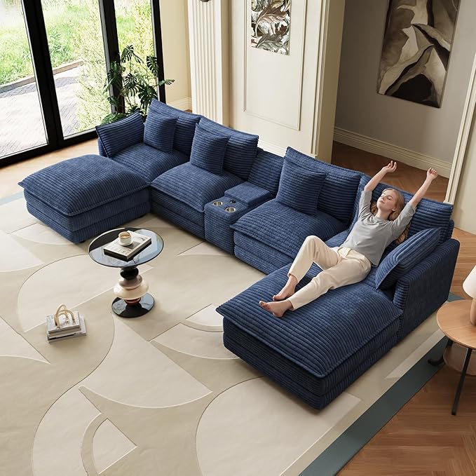 143 U Shaped Cloud Couch Modular Sectional Sofa Set for Living Room Oversized Sofa Modern Sectional Couches Large Corduroy Deep Seat with Central Console USB Ports Ottoman Blue