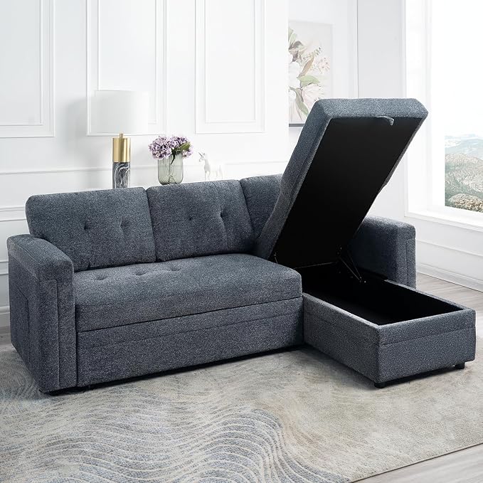 Naomi Home Lily Sectional Sleeper Sofa with USB Ports-M-Shaped Couch Convertible Pull-Out Bed Ample StorageTimeless DesignSturdy ConstructionLong-Lasting for Modern Living - Gray Microfiber