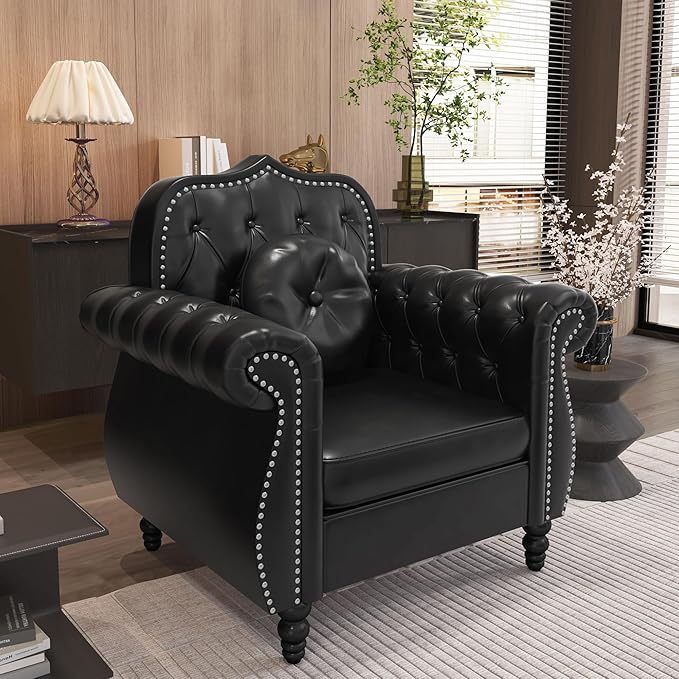 AVZEAR Chesterfield 2-Piece Living Room Sectional Sofa Set Mid-Century Modern Upholstered PU Sofa Couch Classic Tufted Button Sofa with Nailhead Trim for Living Room Office (1+3 Seat Black)