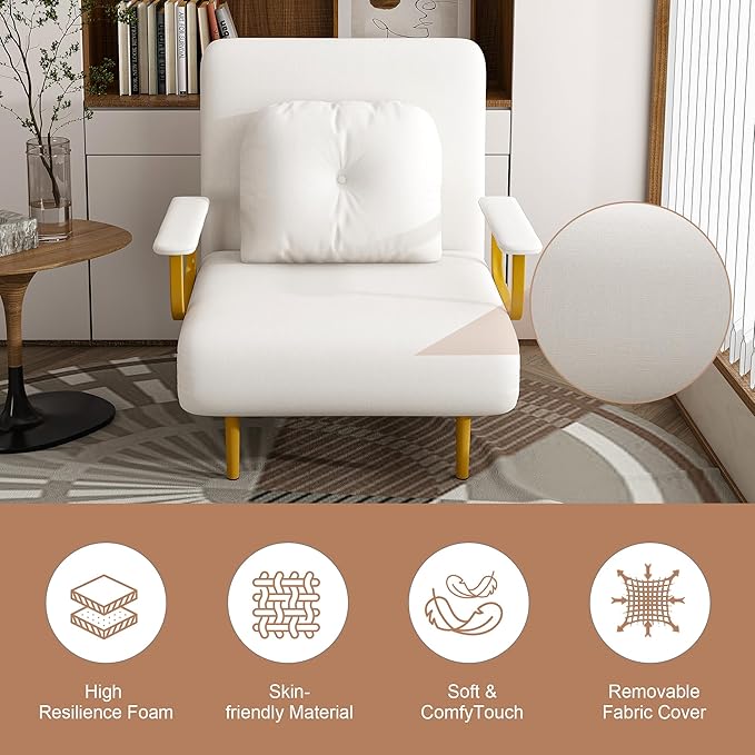 Folding Sofa Bed 5-in-1 Convertible Chair - 5-Position Adjustable Backrest with Pillow Space-Saving Sleeper for Living Room Bedroom &amp Office (White)