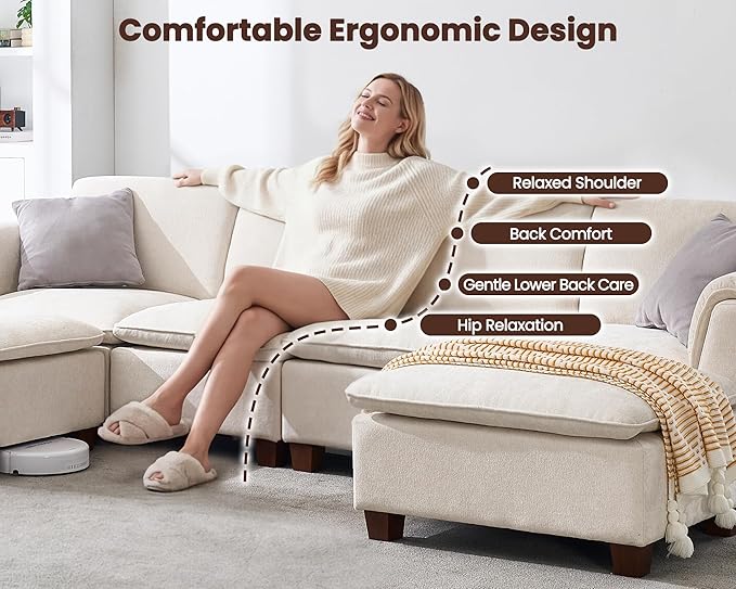 VESCASA Modern Sectional Sofa with Ottoman 106.5 Inch Modular Cloud Couch 4 Seat L Shaped with Waterfall Armrest Cushion Back for Living Room Apartment White Chenille