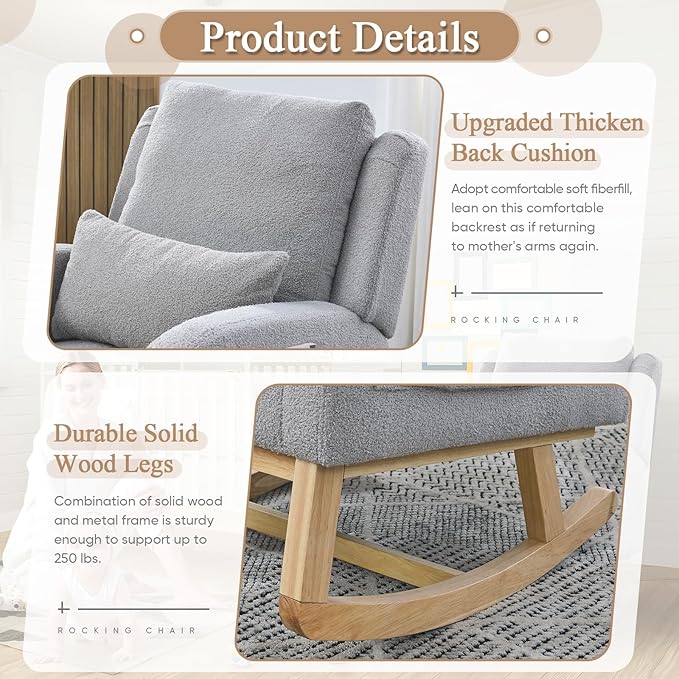Rocking Glider Chair for Nursery Wingback Accent Rocker Chair Upholstered Tall Back Arm Chair w/Side Pockets Modern Leisure Single Sofa for Living Room Hotel Bedroom Baby Room Grey