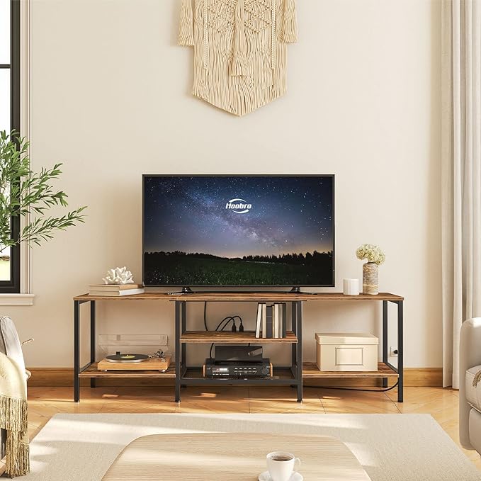 HOOBRO TV Stand with Power Outlets to 75 Inches TV Console Table with Open Storage Shelves Cabinet Industrial Media Entertainment Center for Living Room Bedroom Rustic Brown and Black BF80DS01