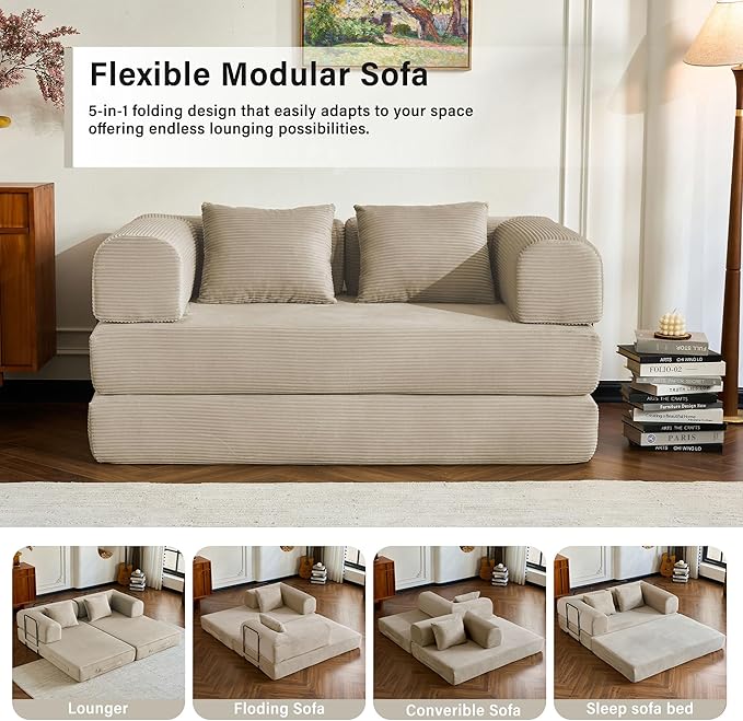 59 Folding Convertible Sofa Bed 5-in-1 Small 2-Seater Sofa Corduroy Futon Floor Couch with Pull-Out Sleeper Boneless Loveseat for Small Spaces Home Office Bedroom Apartment-Friendly (Beige1)