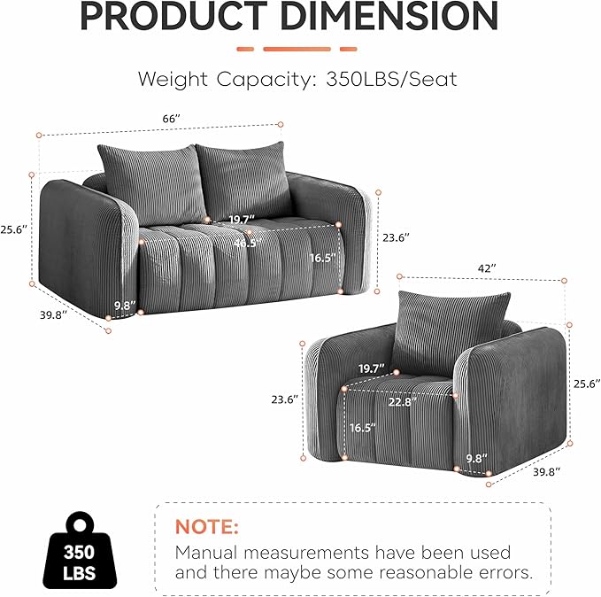 Corduroy Boneless Living Room Sets Modern Upholstered Loveseat with 2 Signle Sofa Chairs Comfy Deep Seat Cloud Sofa Couch Sets for Living Room Grey