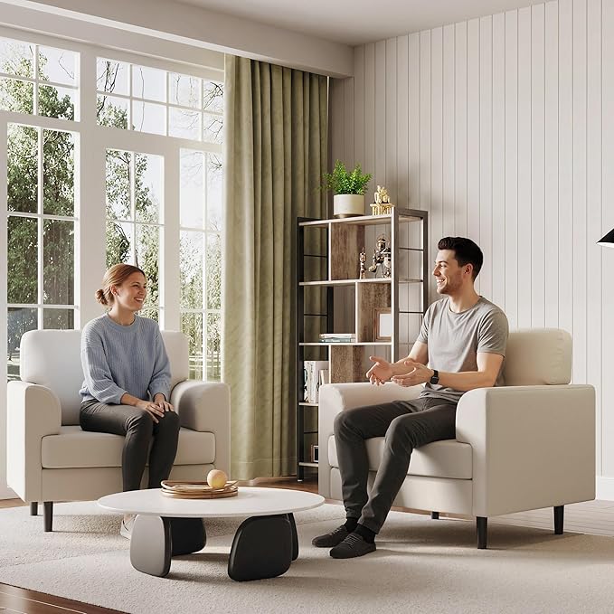 38 Modern Single Sofa Linen Upholstered Armrest Accent Chair with High-Density Foam &amp Fixed ArmrestsComfortable Armchair Upholstered Reading Chair for Living Room Bedroom &amp OfficeBeige