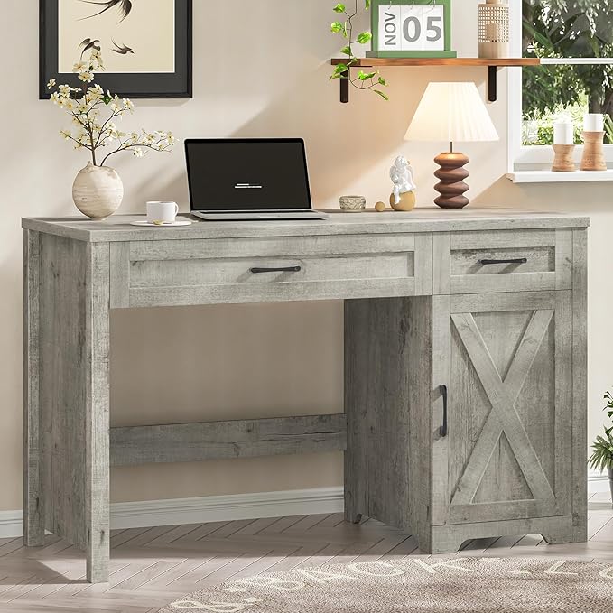 Vabches Farmhouse 51 Executive DeskComputer Desk with Drawers and Storage Cabinet Workspace for Home Office and Study.Grey