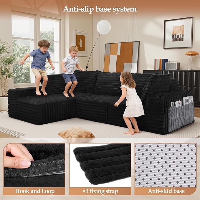 Cloud Boneless Sofa Oversized Modular Sectional L-Shape Sofa with Chaise High Backrest Corduroy Fabric Couch with USB Charging Ports Cup Holders &amp Pillows for Living Room (Black)