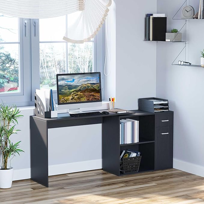 HOMCOM L Shaped Computer Desk 180° Rotating Corner Desk with Storage Shelves Drawer and Cabinet Study Workstation for Home Office Black