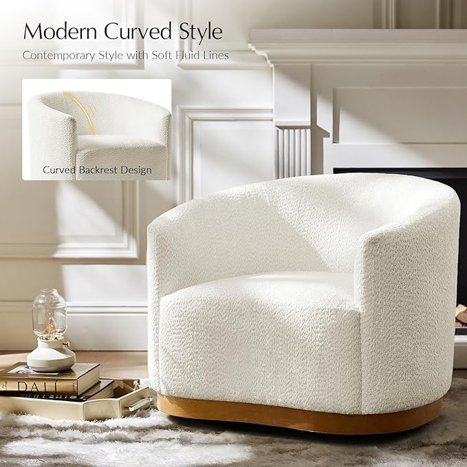 HULALA HOME Chenille Swivel Accent Chair Fully Assembled Comfy Upholstery Barrel Armchair with Sturdy Solid Wood Base Ivory