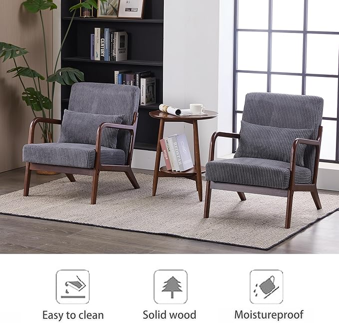 Mid-Century Modern Accent Chair with Throw Pillow Upholstered Fabric Armchair Solid Wood Frame Reading Chair for Living RoomBedroomReadingBalcony (Dark Grey &amp Walnut)