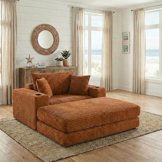 53 Oversized Chaise Lounge Chair Indoor Modular 3-in-1 Corduroy Boneless Chair Cloud-Like Cozy Comfy Sofa Bed Sleeper Couch for Reading Living Room Bedroom Orange