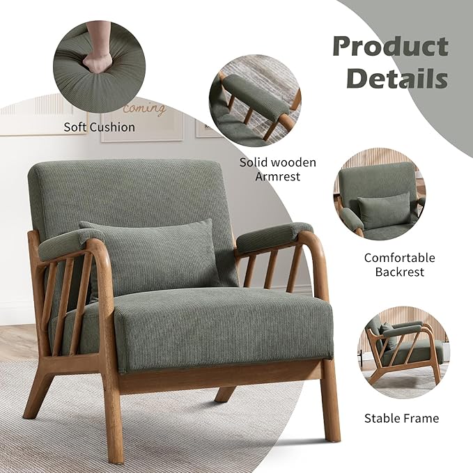 INZOY Accent Chairs Set of 2 Mid Century Modern Accent Chair with Wood Frame Upholstered Reading Armchair with Corduroy Fabric Accent Chair for Living Room Bedroom Apartment Easy Assembly Green