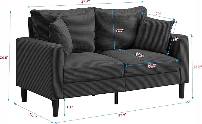 Corduroy Loveseat Sofa 2-Seater with Metal Legs Modern 57'' Compact Couch for Small SpacesMini Couches for Living Room/Apartment/Dorm/OfficeSettee (Corduroy Dark Gray)