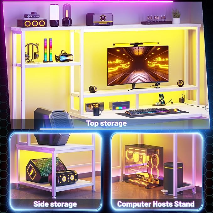 L Shaped Gaming Desk with LED Lights &amp Outlets55 Computer Desk with Shelves &amp Storage HutchReversible Corner Gaming Table with Printer Space &amp Monitor Stand for Game RoomHome OfficeWh